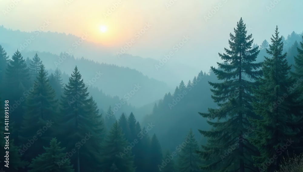 Fototapeta premium Dense fog veils towering trees, light filtering through, peaceful, wild, woods
