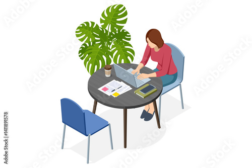 Isometric vector illustration of a woman working on a laptop in a coworking area with coffee and documents. Project tracking, agile workflow