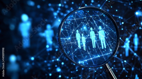 Magnifying Glass Over Digital Network of Abstract Human Figures