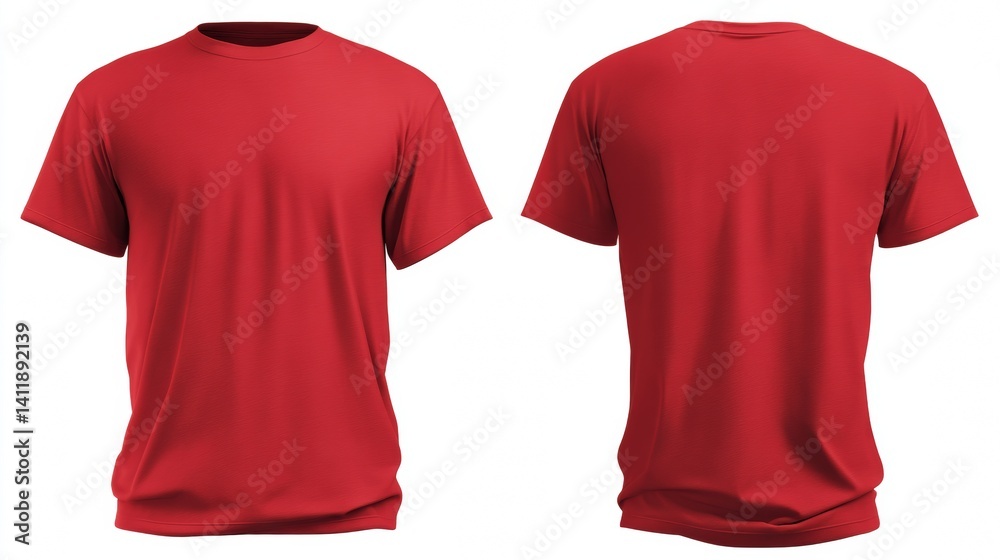 Blank Red Tshirt front and back Mens mockup isolated on white background. Empty template for your design advertisement branding. Empty Clothing. Text or Logo. Mockup Branding.