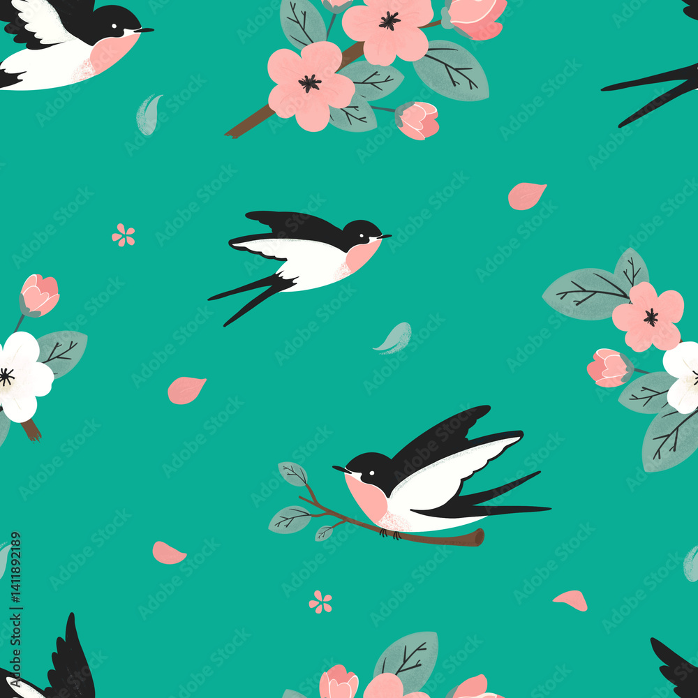 Fototapeta premium Seamless pattern with swallows and blooming cherry branches on green background in flat cartoon style