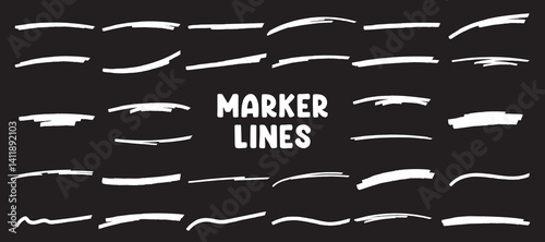 White highlighter marker brush lines vector set collection. Underline lines, scribbles, curved, thick and thin marker pen lines. Realistic pen line vector elements for highlighting and decoration