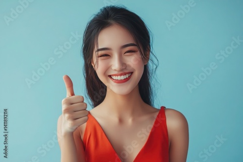 A young Asian woman wearing a bright red dress gives a thumbs-up while grinning against a light blue background.