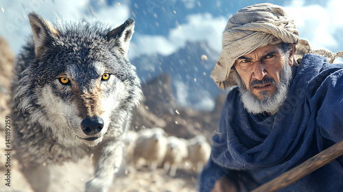 Shepherd Defending Flock from Wolf Attack in Rugged Terrain Pastoral Guardianship Against Wild Peril