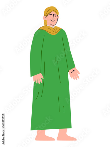 Sunan Muria wearing green thobe and yellow turban Islam scholar ancient religion traditional teacher historic wali songo Islamic figure drawing illustration