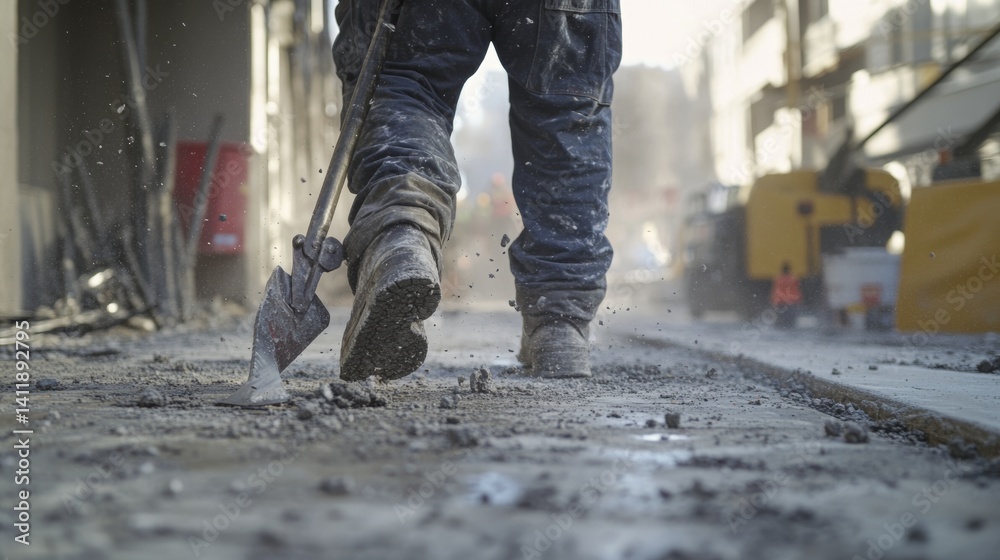 A construction worker using a jackhammer on a sidewalk. Featuring hard work and energy A construction worker using a jackhammer on a sidewalk. Featuring hard work and energy