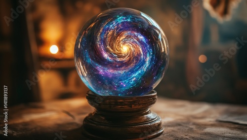 Mystical crystal ball, swirling galaxy design