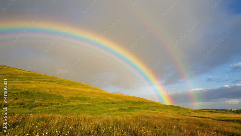 Naklejka premium Double rainbow over a green hill