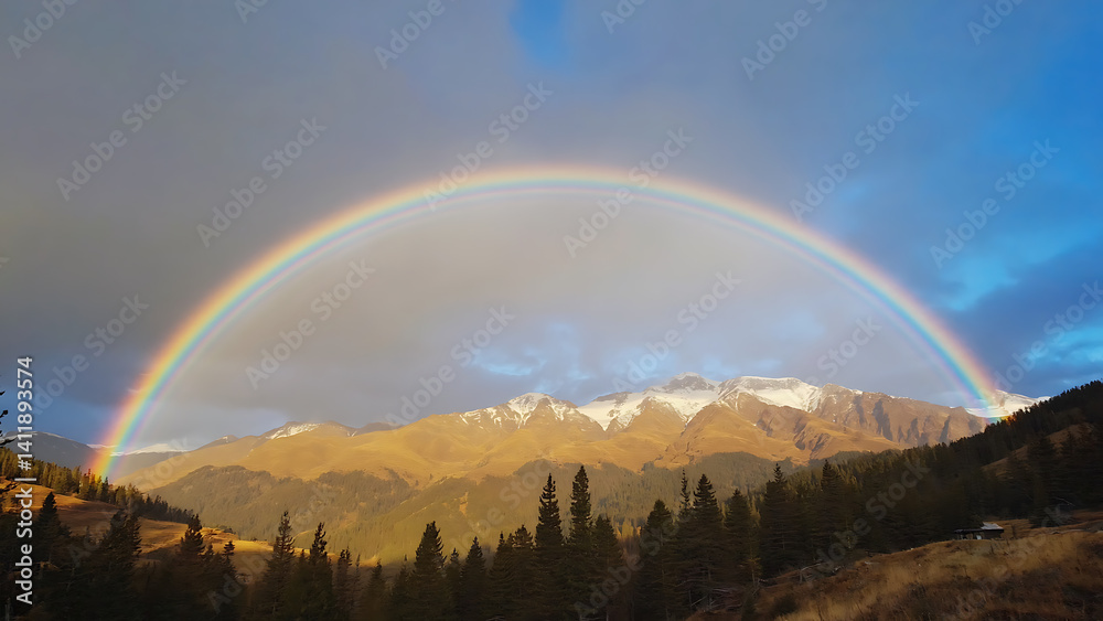 Naklejka premium Rainbow over the mountains