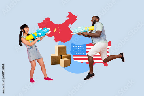 Wallpaper Mural Composite artwork photo collage template of trade war international investment earnings young lady man fight water gun box distribution Torontodigital.ca
