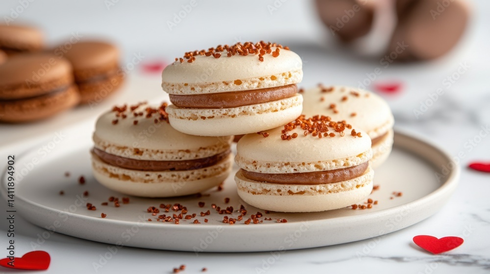 Close-up of assorted macarons with heart sprinkles and Valentine decorations around Close-up of assorted macarons with heart sprinkles and Valentine decorations around