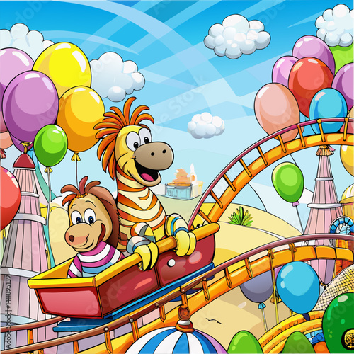 Excited cartoon animals riding a roller coaster surrounded by colorful balloons at a fun fair