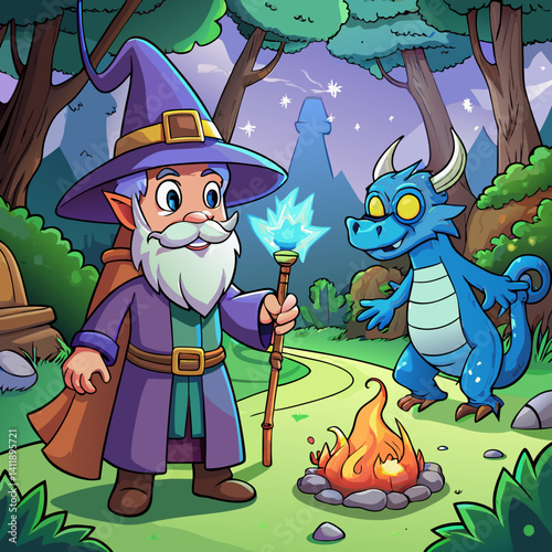 Friendly wizard casting a spell by a campfire with a cheerful blue dragon in a magical forest