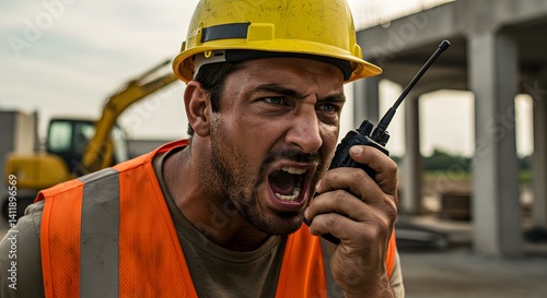Angry construction worker shouting radio.