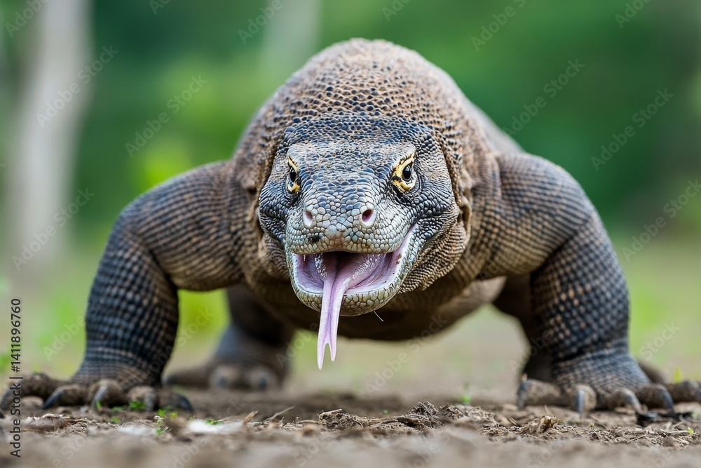 Obraz premium A Komodo dragon stalking its prey in a dense jungle, its forked tongue flicking out