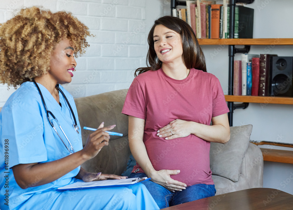 woman pregnant mother pregnancy belly patient nurse visit control exam test maternity visit prescription stethoscope appointment checkup consultation hospital talking support