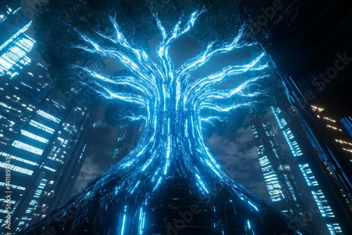 A biomechanical tree with chrome-plated roots fusing into the foundation of a neon-lit megacity