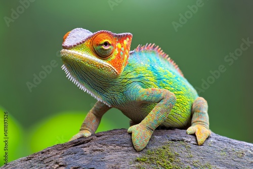 A chameleon (Squamata) slowly changing colors while blending into its tropical environment