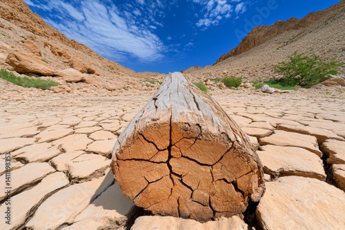 A cracked desert acacia tree with weathered bark, surviving in an arid landscape