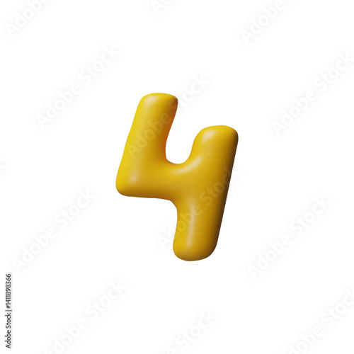 Glossy yellow number four 3D vector icon, volume numeric symbol 4 from plasticine texture, kids arithmetic education