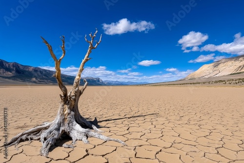 A cracked desert acacia tree with weathered bark, surviving in an arid landscape