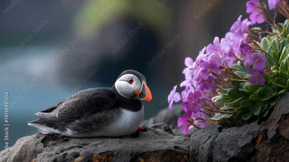 Atlantic puffin perched on a rugged coastal outcrop at Latrabjarg, Westfjords, Iceland.