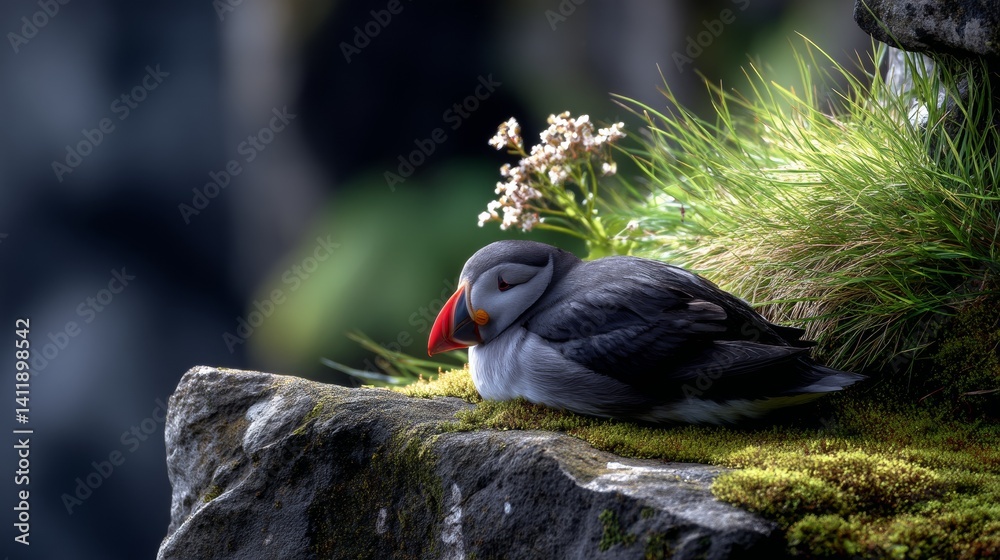 Atlantic puffin perched on a rugged coastal outcrop at Latrabjarg, Westfjords, Iceland.