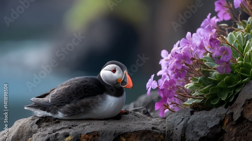 Obraz na płótnie Atlantic puffin perched on a rugged coastal outcrop at Latrabjarg, Westfjords, Iceland.
w salonie