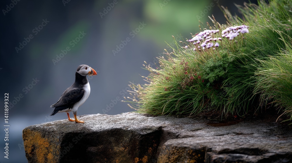 Atlantic puffin perched on a rugged coastal outcrop at Latrabjarg, Westfjords, Iceland.