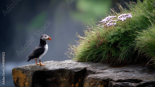 Obraz na płótnie Atlantic puffin perched on a rugged coastal outcrop at Latrabjarg, Westfjords, Iceland.
w salonie