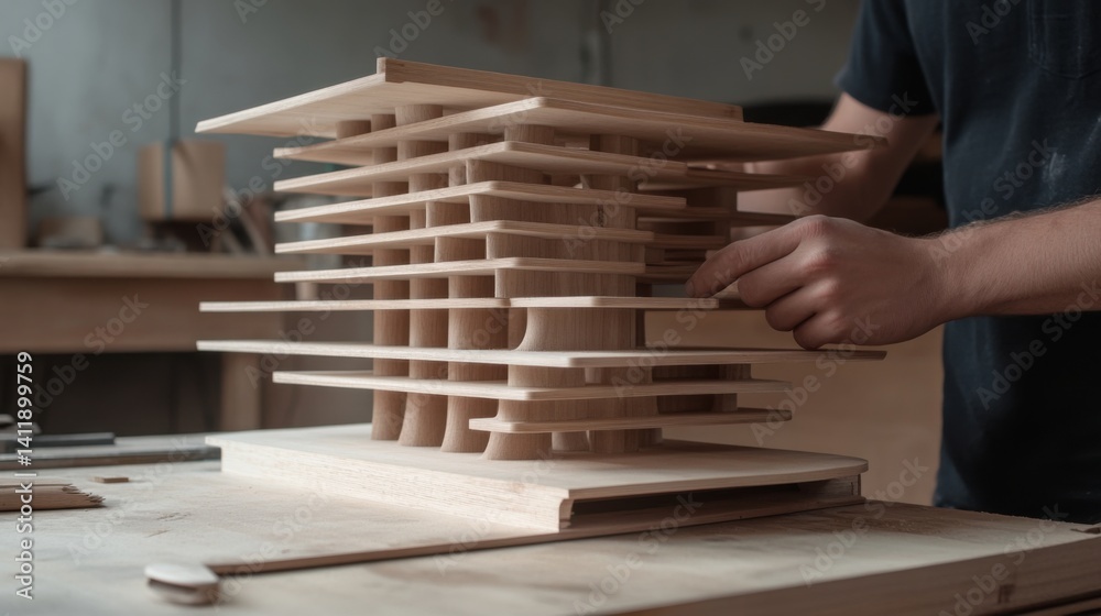 Obraz premium Carpenter assembling a wooden bookshelf at a workshop. Featuring focus and technique