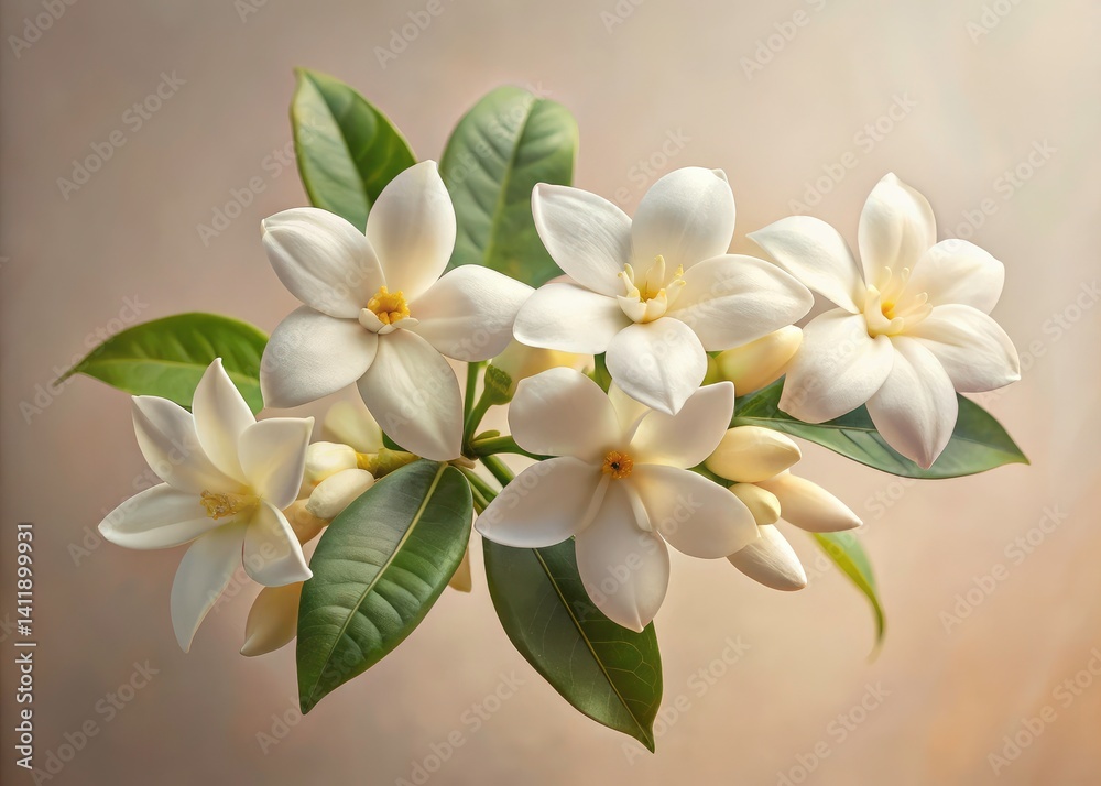 Obraz premium Elegant Crepe Jasmine Blooms: Delicate White Flowers, Soft Neutral Background, Fashion Photography