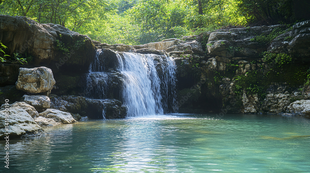 Fototapeta premium Peaceful waterfall in lush forest with calm turquoise water