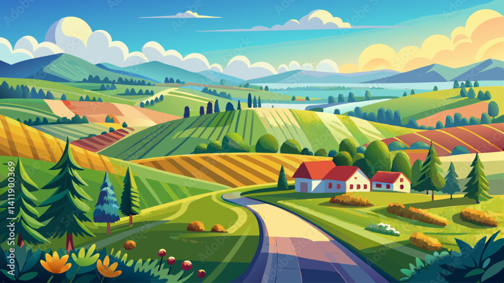 Fototapeta premium Panoramic landscape of central Russia agricultural countryside with hills and country road. Summer landscape of the Samara valleys. Russian 