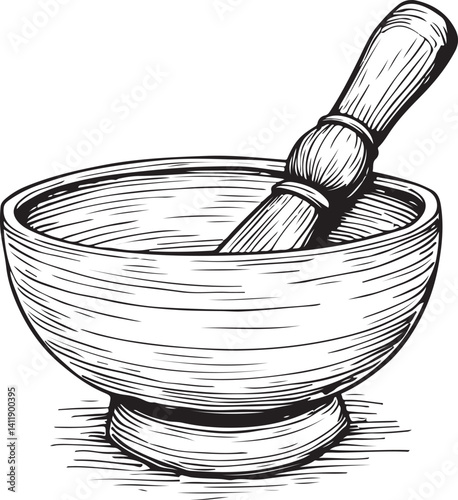 Tibetan Singing Bowl Sound Healing Sound Bath Meditation Black and White Vector Illustration, Sketch Drawing Line Linear Symbol Icon Engraving, Hand-drawn Isolated