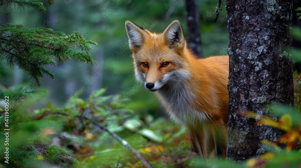 Red fox, vulpes vulpes in forest. Wild animal in natural environment. Wildlife scene from nature