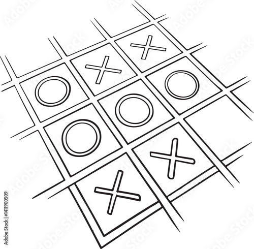 Tic-tac-toe Game Black and White Vector Illustration, Sketch Drawing Line Linear Symbol Icon Engraving, Hand-drawn Isolated