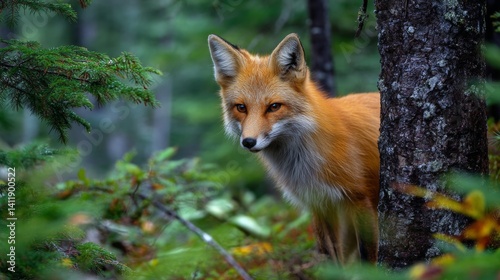 Red fox, vulpes vulpes in forest. Wild animal in natural environment. Wildlife scene from nature