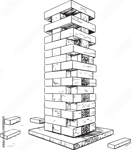 Jenga tower Game Black and White Vector Illustration, Sketch Drawing Line Linear Symbol Icon Engraving, Hand-drawn Isolated