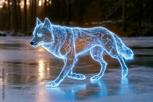 A ghostly wolf-like entity running across a frozen tundra, leaving a trail of glowing blue mist