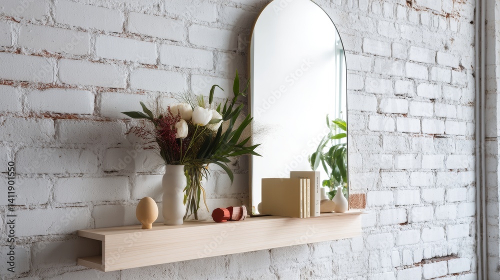 Shelf unit near white brick wall with mirror