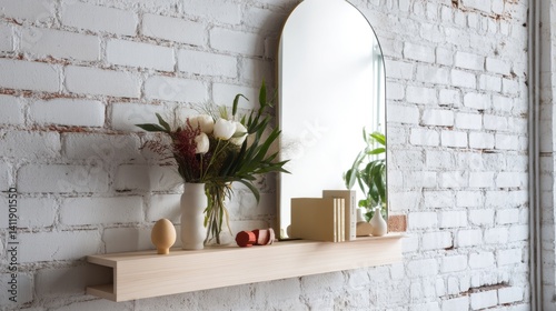 Obraz na płótnie Shelf unit near white brick wall with mirror w salonie