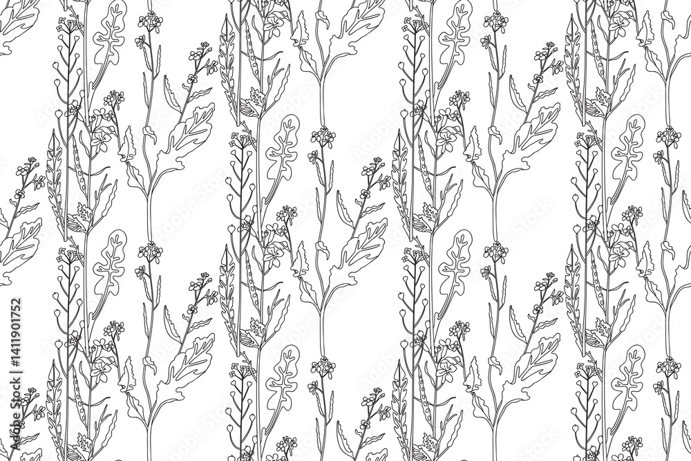 Line art botanical plants floral seamless pattern with wildflowers vector illustration.Outline repeating doodle flowers in white background. Graphic design for Fashion Cover Textile Coloring Page Card Line art botanical plants floral seamless pattern with wildflowers vector illustration.Outline repeating doodle flowers in white background. Graphic design for Fashion Cover Textile Coloring Page Card