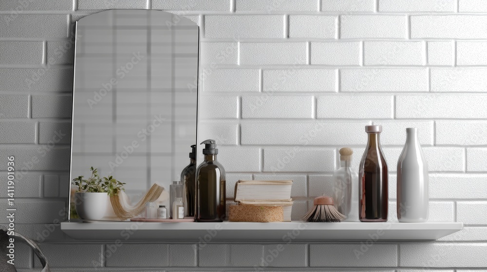 Shelf unit near white brick wall with mirror