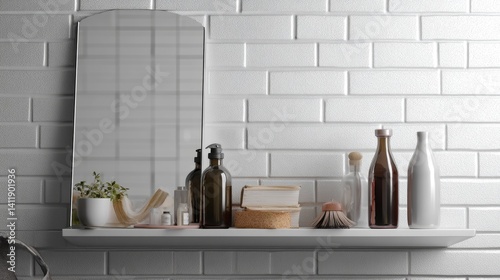 Obraz na płótnie Shelf unit near white brick wall with mirror w salonie