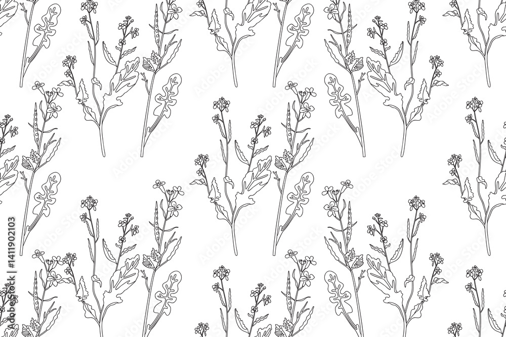 Line art botanical plants floral seamless pattern with wildflowers vector illustration.Outline repeating doodle flowers in white background. Graphic design for Fashion Cover Textile Coloring Page Card Line art botanical plants floral seamless pattern with wildflowers vector illustration.Outline repeating doodle flowers in white background. Graphic design for Fashion Cover Textile Coloring Page Card