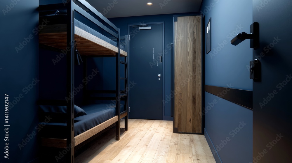 A room in blue navy tones - a wall, a wardrobe, a door. Gray bunk bed with drawers. The space of a hostel or boys room in a minimalist style. Black spots and wood floor. 3d rendering