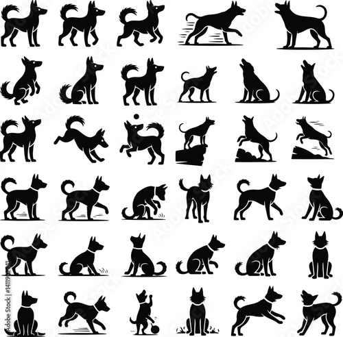 Dog Silhouette Set | Pet Animal Vector Collection Silhouettes of Dogs | Puppy, Pet, and Breed Vector Art
