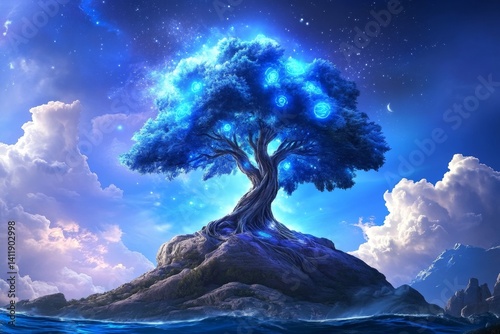 A legendary floating tree whose bark is covered in glowing celestial symbols, revealing the secrets of the universe