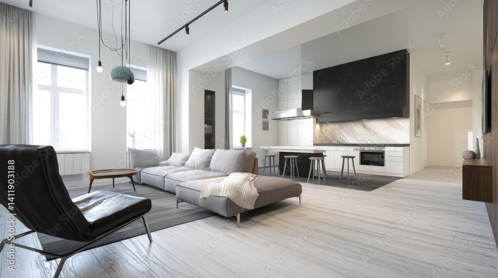Interior of studio, living room and kitchen with open space. A large sofa with an armchair and a beautiful large minimalist kitchen. 3d rendering. 3D Illustration